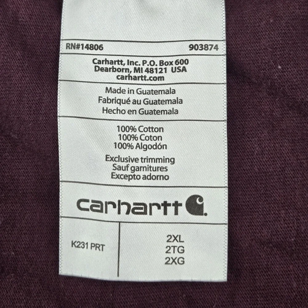 Carhartt‎ Men Shirt 2XL Burgundy K231 Long Sleeve Pocket Shirt Logo Loose